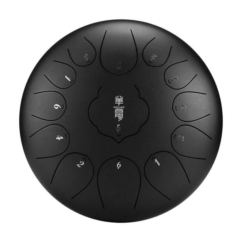 Black Steel Tongue Drum with numbered tone zones in circular pattern, 12-Inch, 13 Notes C Major