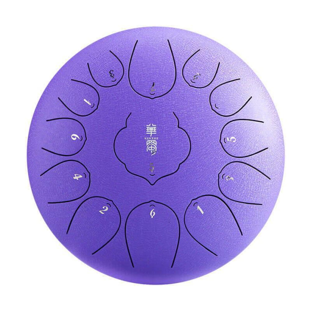 Purple steel tongue drum with curved tone zones, featuring 13 notes in C Major