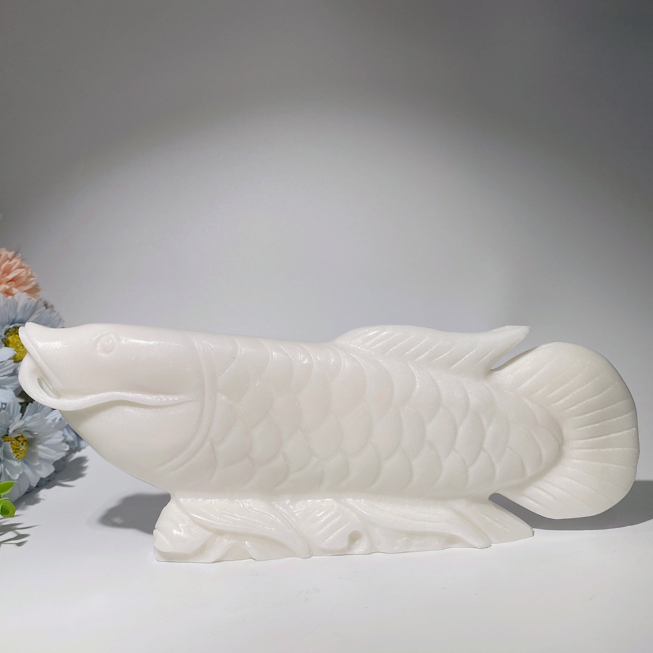 12-inch White Jade Arowana Fish Spiritual Healing Figurine