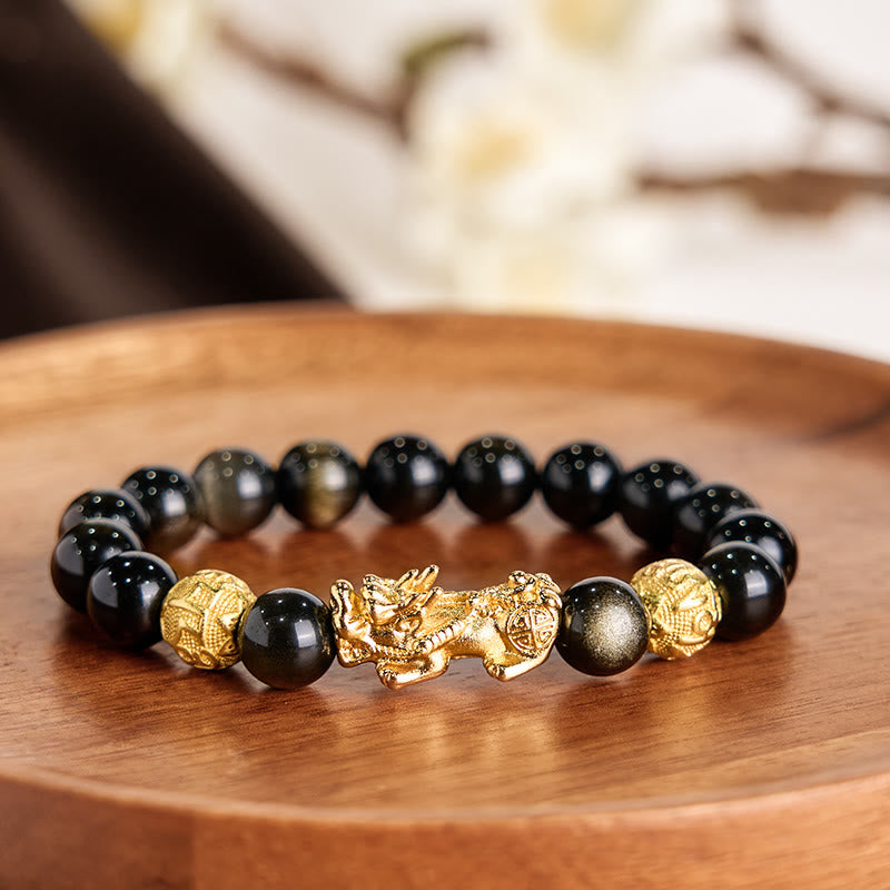 12 mm Goldglanz-Obsidian-Pixiu-Armband „Om Mani Padme Hum“ für Reichtum