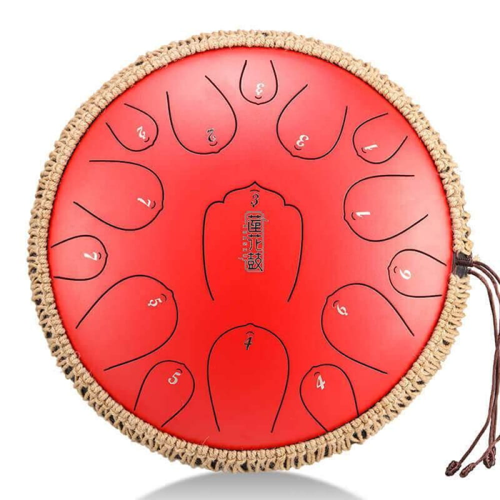 Red steel tongue drum with fringe trim, 13-inch, 15 notes in C Key, custom D Key