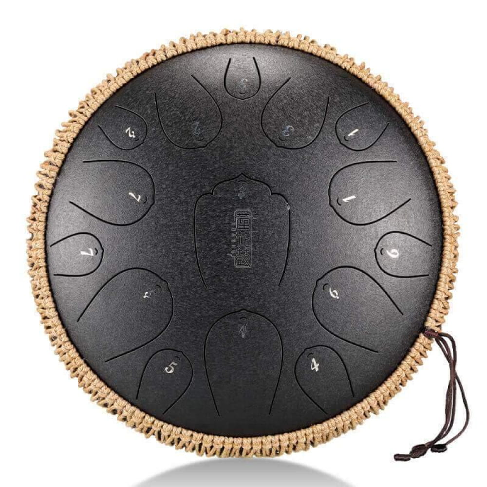 13-Inch Carbon Steel Tongue Drum with numbered tone zones and woven rope trim