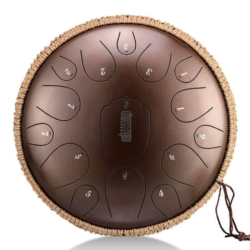 Steel tongue drum with 12 notes in a circular pattern and woven rim edge, C Key