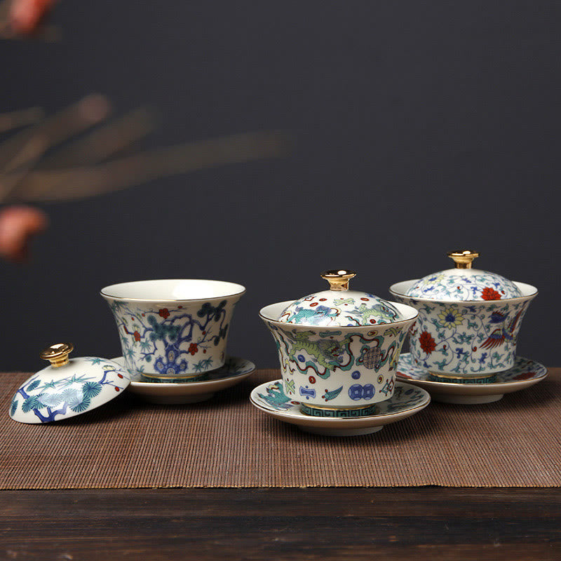 Keramik-Gaiwan-Sancai-Teetasse, 190 ml, mit Zen-Dekor-Kunst