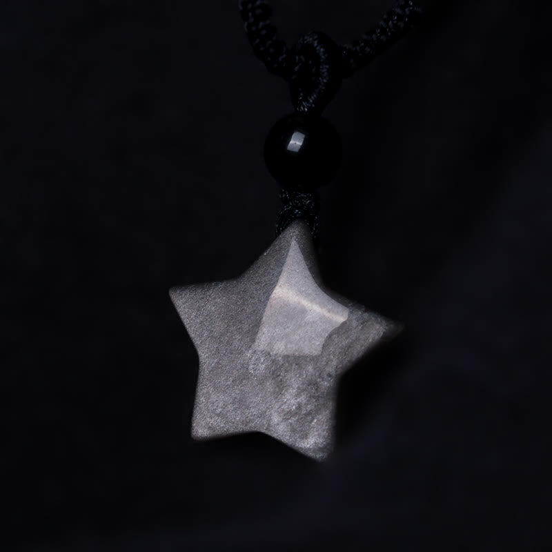 Silberne Schutzkette aus Obsidian mit Stern und Mond
