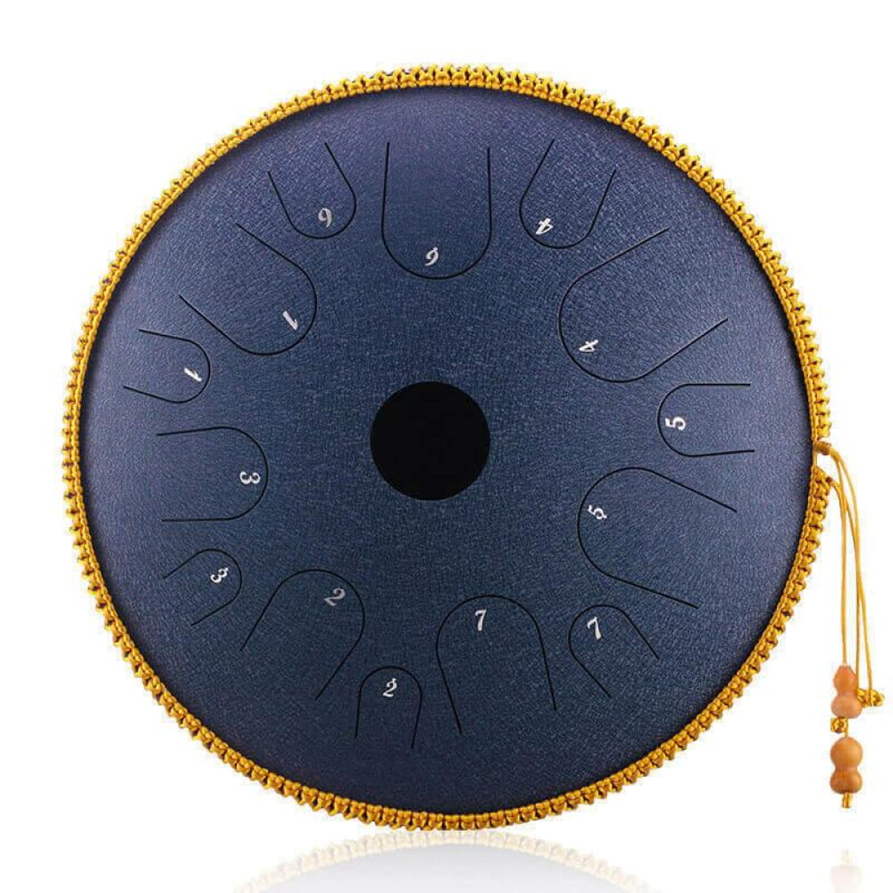 Dark blue circular steel tongue drum with gold trim in C Key Butterfly design