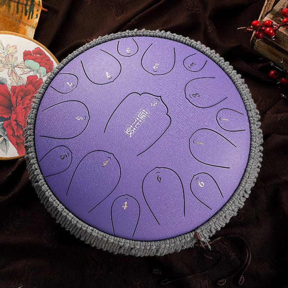 Purple Carbon Steel Tongue Drum with 15 notes in D key and circular tone zones