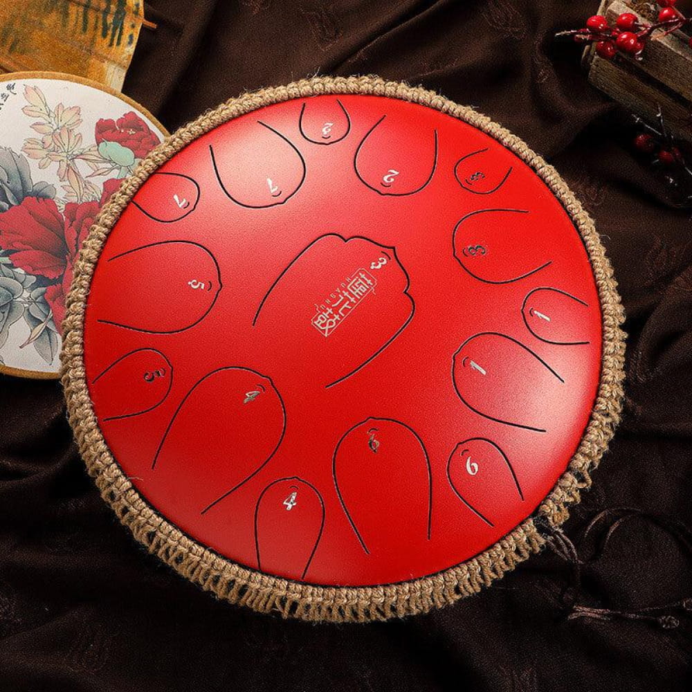 14-Inch Carbon Steel Tongue Drum in D Key with Red Decorative Woven Rim