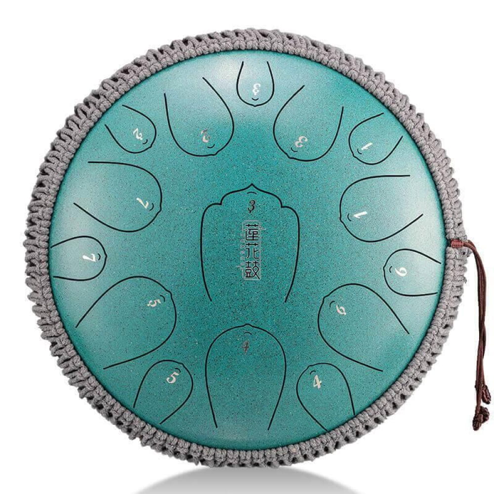 Turquoise 14 Inch Carbon Steel Tongue Drum with Grey Woven Trim C Key 15 Notes