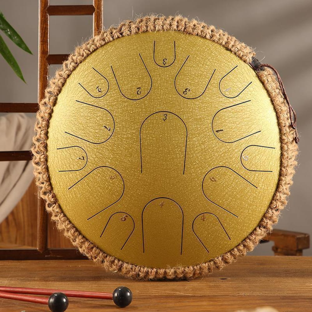 Golden Steel Tongue Drum with Braided Trim in D & C Major, 14 Inches