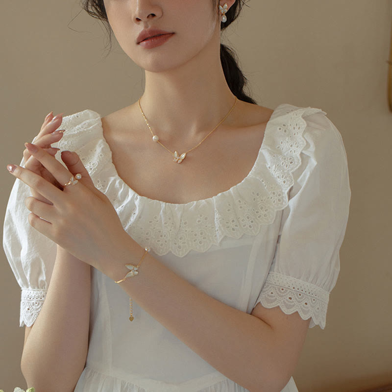 14 Karat Gold Perle Tridacna Schmetterling Schmuckset - Ring Halskette Ohrringe