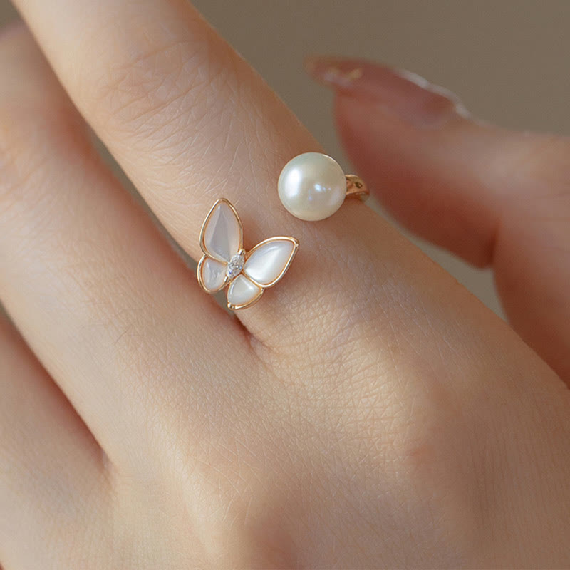 14 Karat Gold Perle Tridacna Schmetterling Schmuckset - Ring Halskette Ohrringe