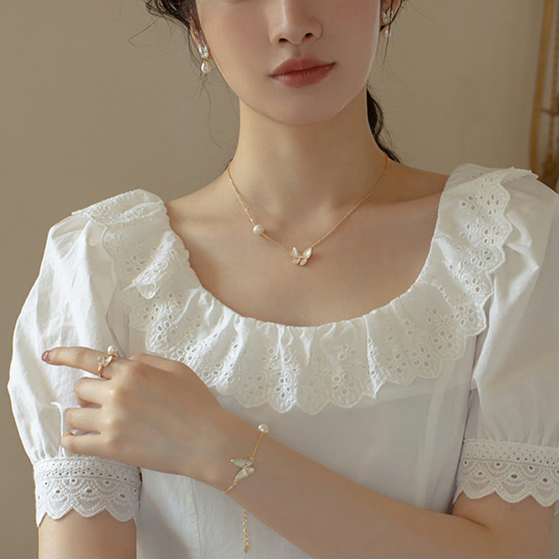 14 Karat Gold Perle Tridacna Schmetterling Schmuckset - Ring Halskette Ohrringe