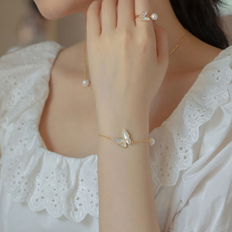 14 Karat Gold Perle Tridacna Schmetterling Schmuckset - Ring Halskette Ohrringe