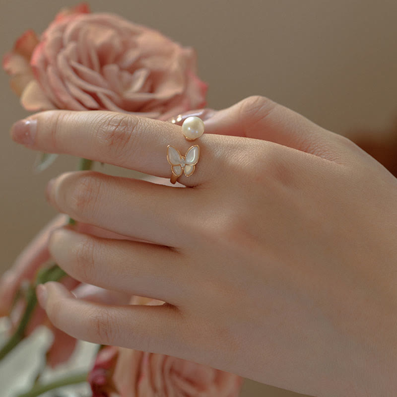 14 Karat Gold Perle Tridacna Schmetterling Schmuckset - Ring Halskette Ohrringe