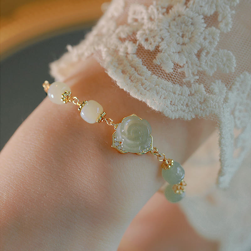 14 Karat vergoldetes Hetian-Jade-Rosenblumen-Glücksarmband