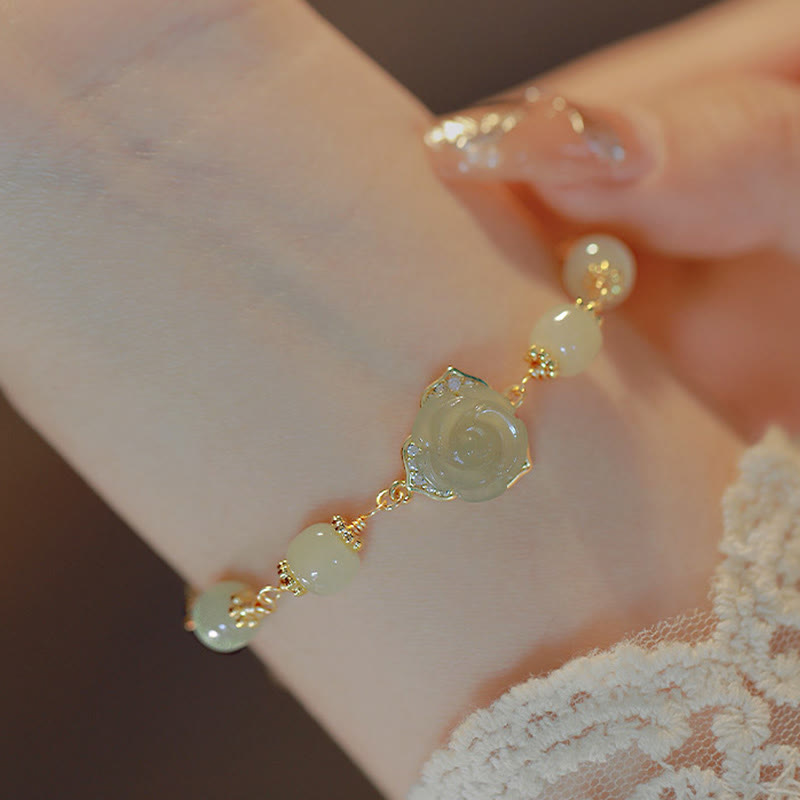 14 Karat vergoldetes Hetian-Jade-Rosenblumen-Glücksarmband