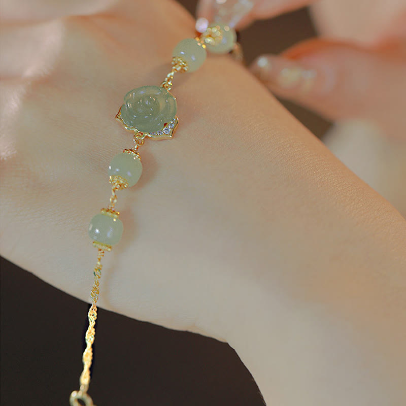14 Karat vergoldetes Hetian-Jade-Rosenblumen-Glücksarmband