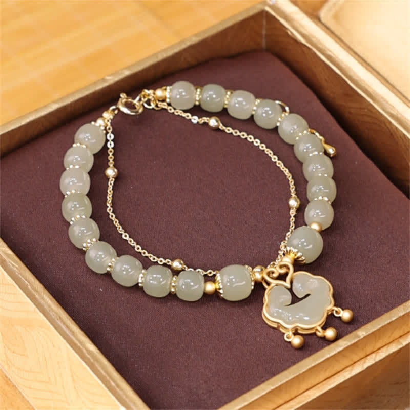 14 Karat vergoldetes Hetian-Jade-Wunschschloss-Glockenkettenarmband