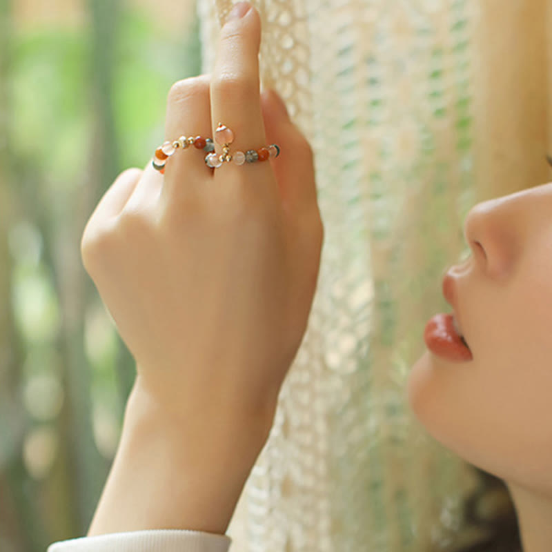 14 Karat vergoldeter Pfirsichmondstein-Fu-Lu-Shou-Ring für Glück