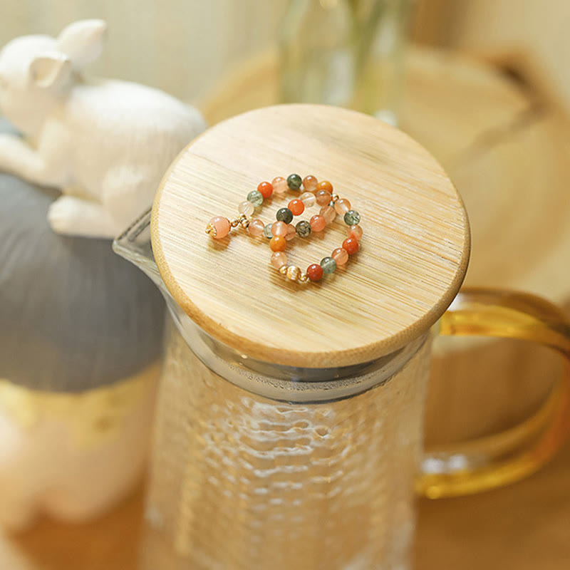 14 Karat vergoldeter Pfirsichmondstein-Fu-Lu-Shou-Ring für Glück