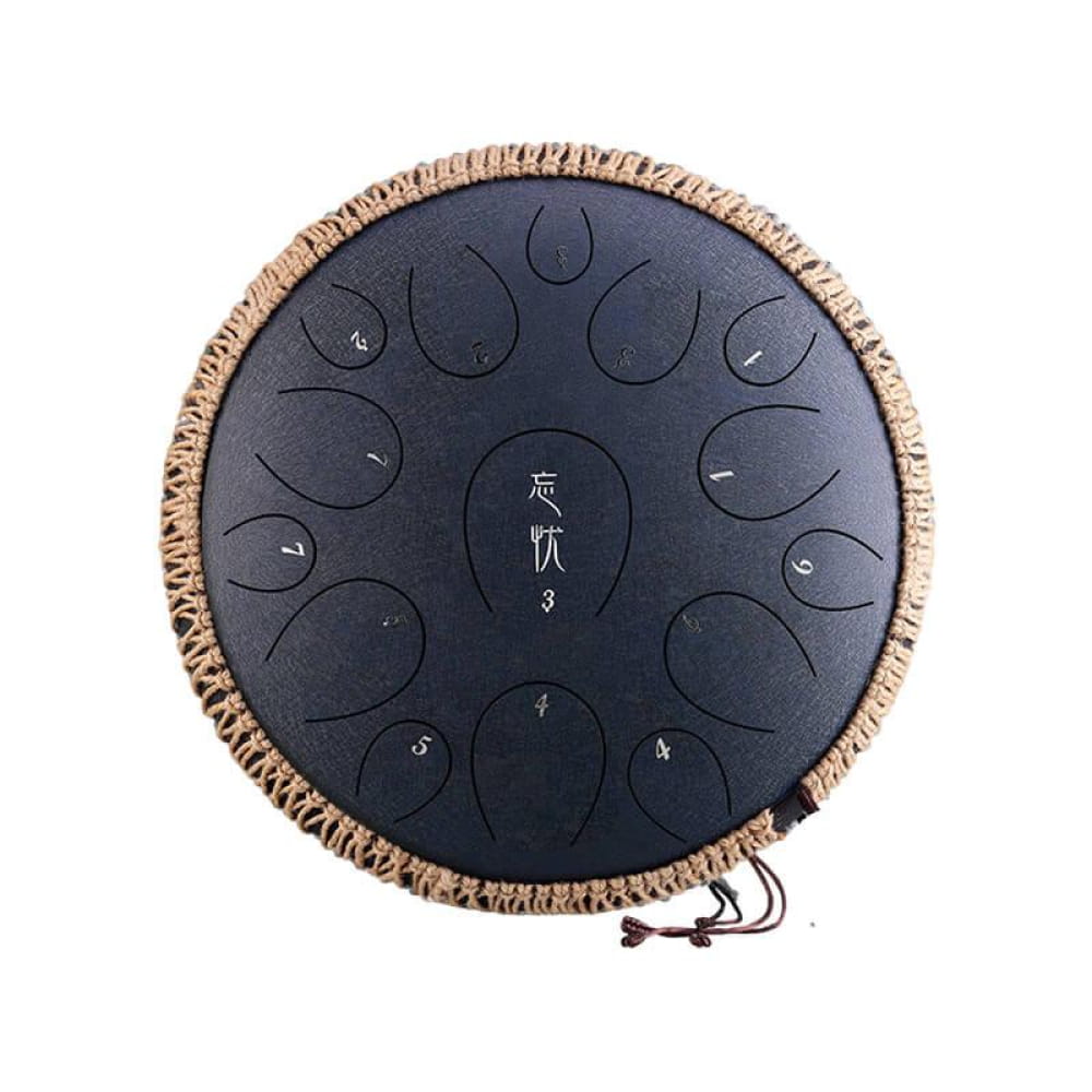 Black steel tongue drum with rope-wrapped edges and 15 notes in C Major 14 inches