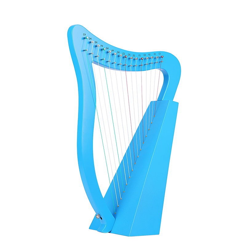 Light blue Celtic lyre harp with strings, perfect for beginner musicians