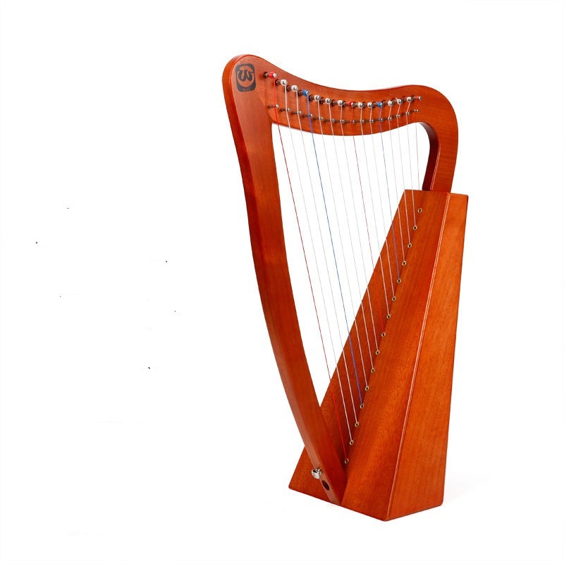 Orange wooden Celtic harp with white strings, perfect for beginners