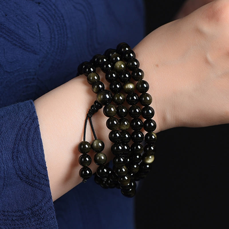 Goldschimmerndes Obsidian-Reichtums-Mala-Armband mit 108 Perlen