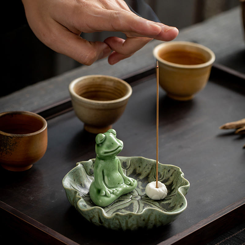 Ceramic Incense Burner | Lotus Leaf Meditation Frog 11cm