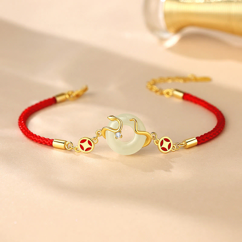 15 cm großes Hetian-Jade-Armband mit roter Schnur und Friedensschnalle für Wohlstand