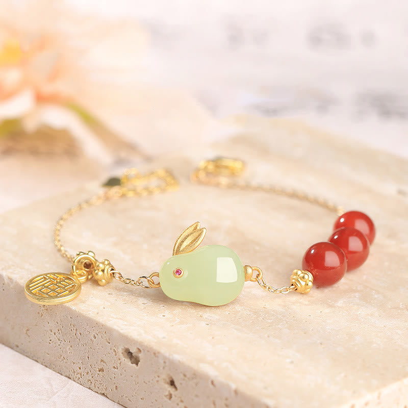 15 cm großes Armband mit Glücksschnalle aus rotem Achat und Jade mit Kaninchenmotiv