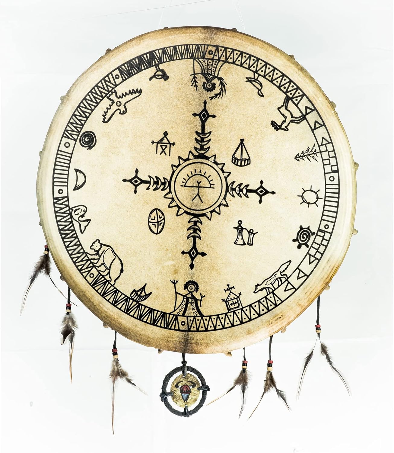 Native American drum with spiritual symbols and feathers, 16 inch Shamanic Goat Skin Frame Drum