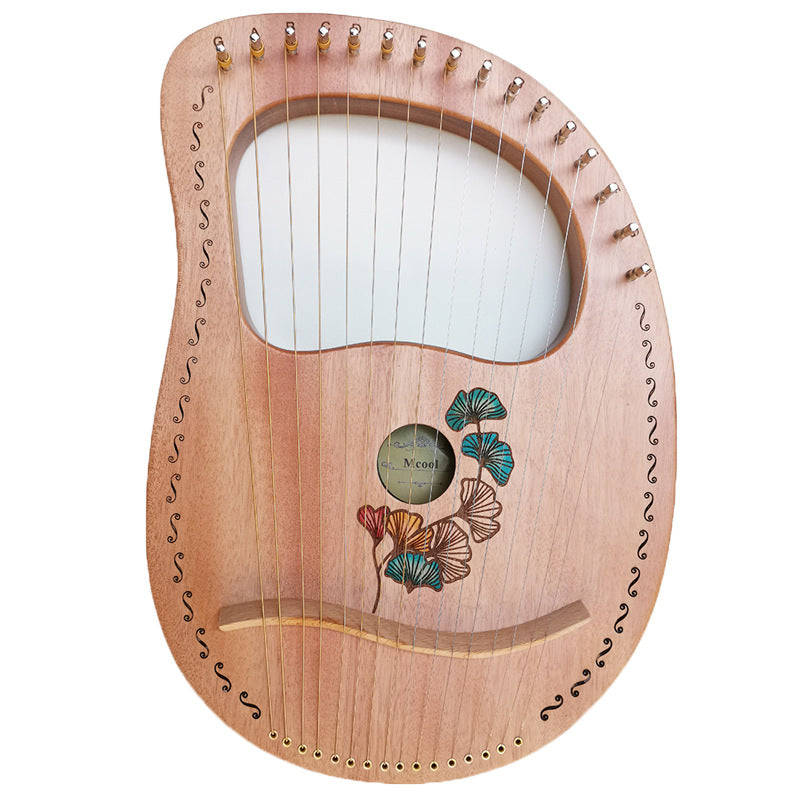 Wooden 16-String Lyre Harp Instrument for Beginners with floral decorative design
