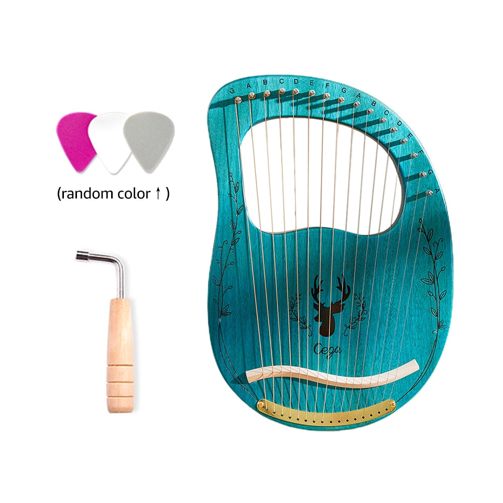 Turquoise 16-String Lyre Harp Instrument with decorative bull design and tuning wrench