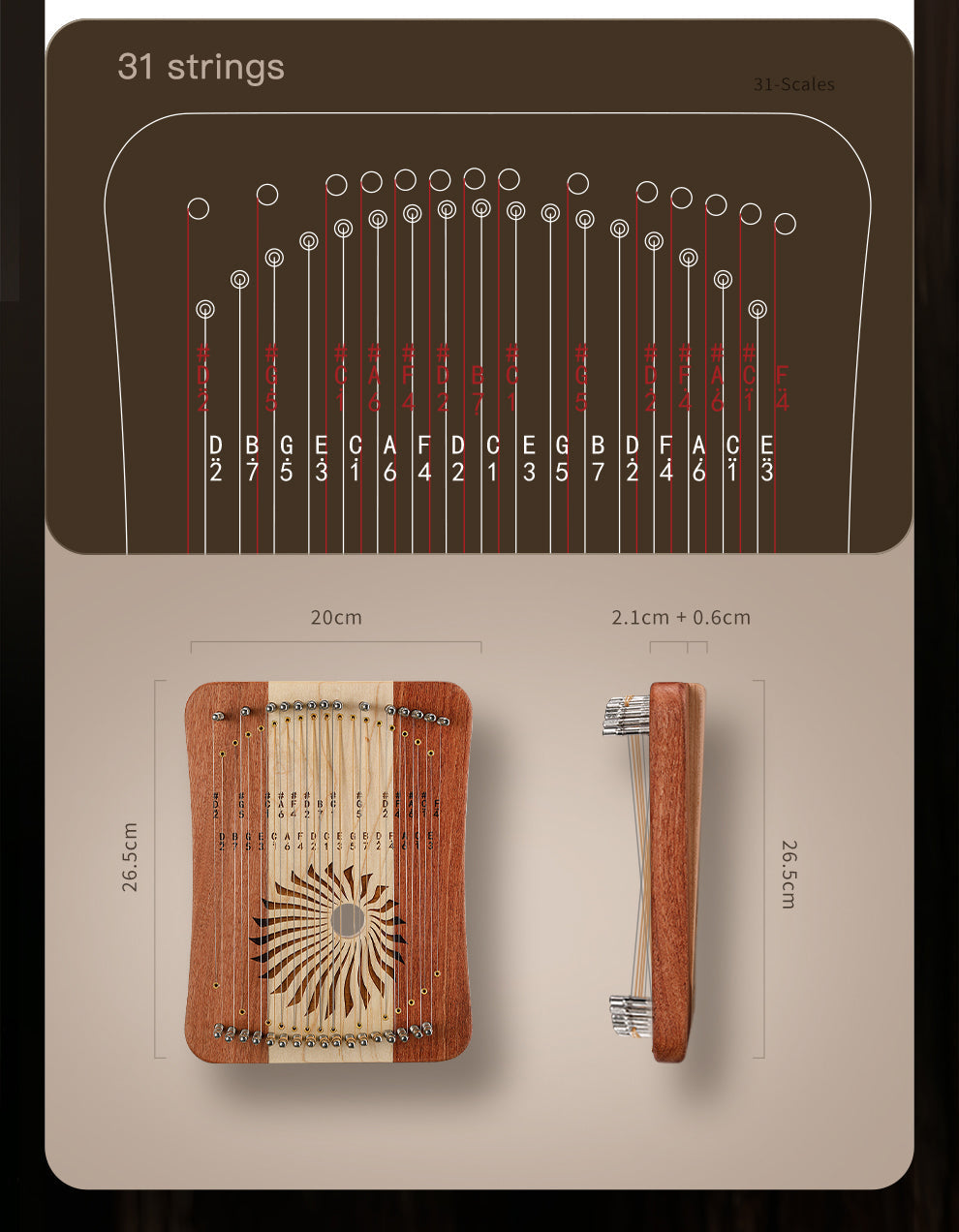 Wooden Kalimba thumb piano with 31 strings and note layout for 17/31 String Lyre Harp