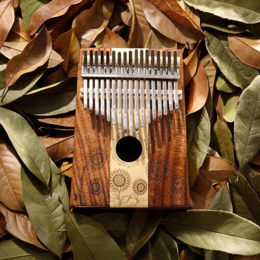 Wooden Kalimba thumb piano with sunflower designs in 17 Key Acacia & Maple