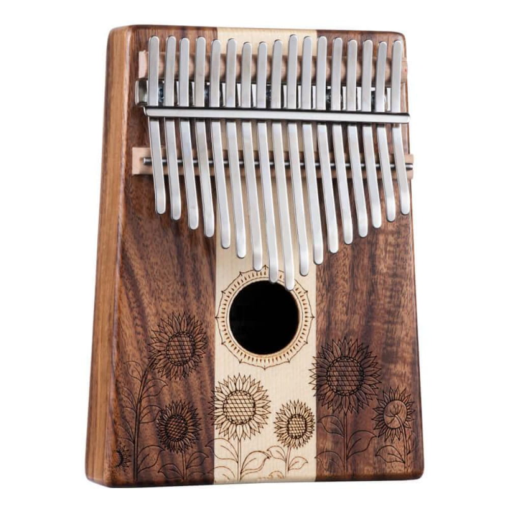 Wooden Kalimba thumb piano with sunflower engravings and metal tines in C tone