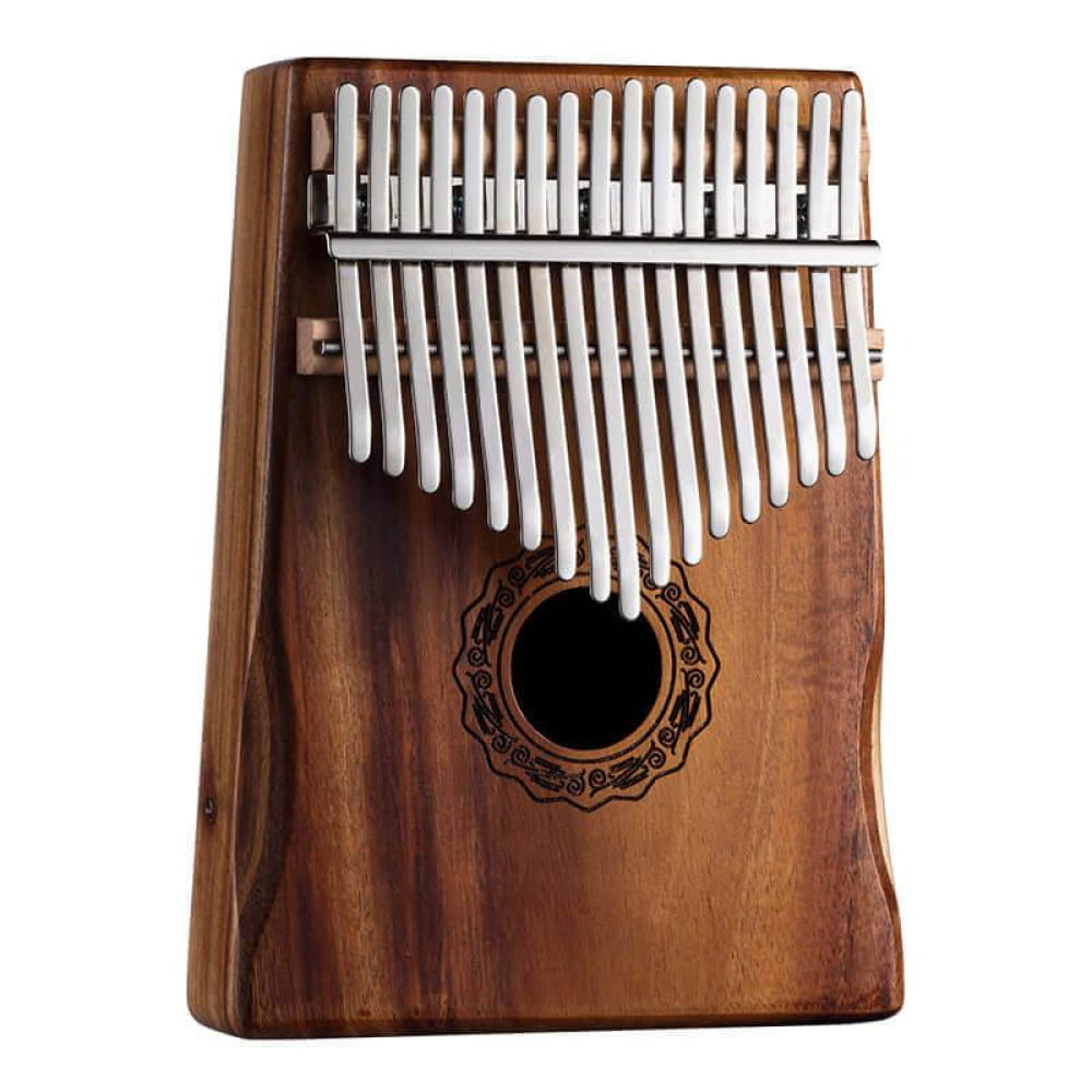 Wooden 17 Key Acacia Thumb Piano with metal tines and decorative sound hole