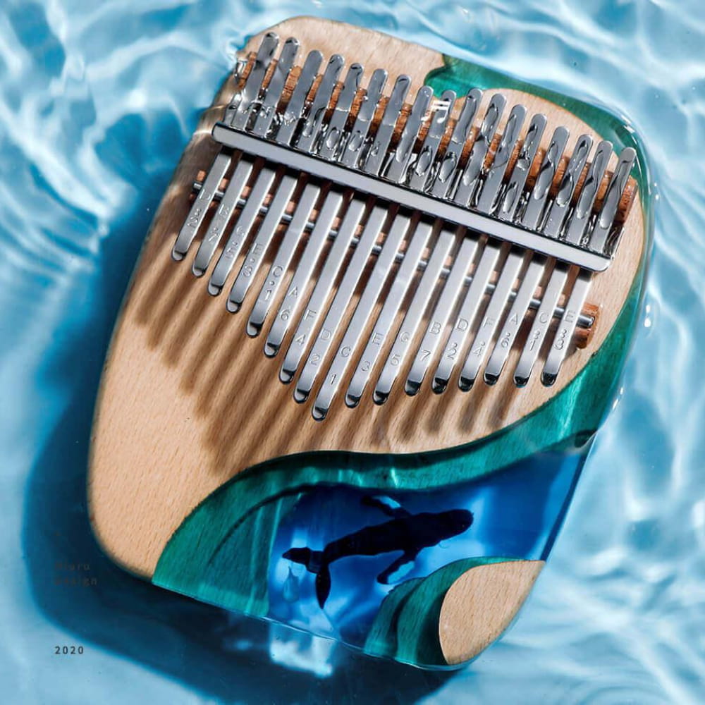 Kalimba with deep sea blue whale artwork on wooden body, 17 Key C Tone Thumb Piano