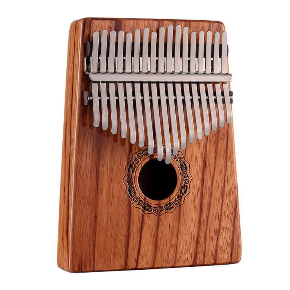 Wooden Kalimba thumb piano with metal tines and decorative sound hole in Rosewood
