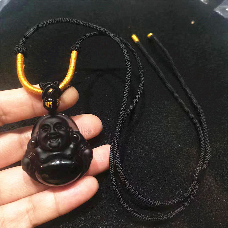 Halskette mit lachendem Buddha aus schwarzem Obsidian und Eisobsidian | Reinigung