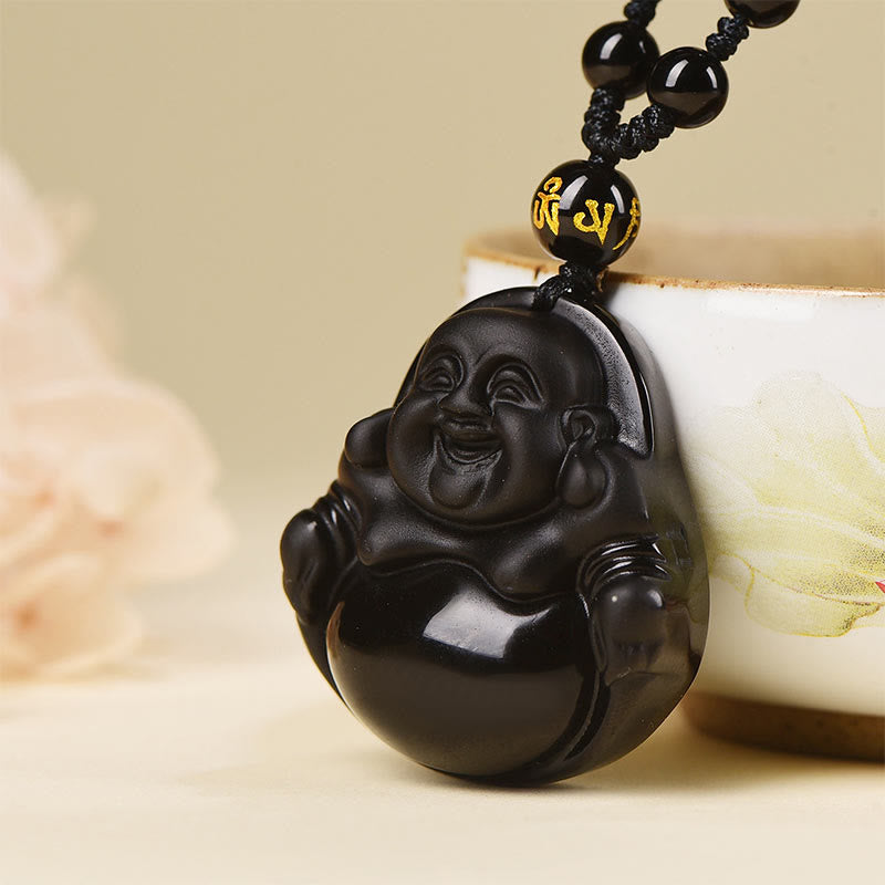 Halskette mit lachendem Buddha aus schwarzem Obsidian und Eisobsidian | Reinigung