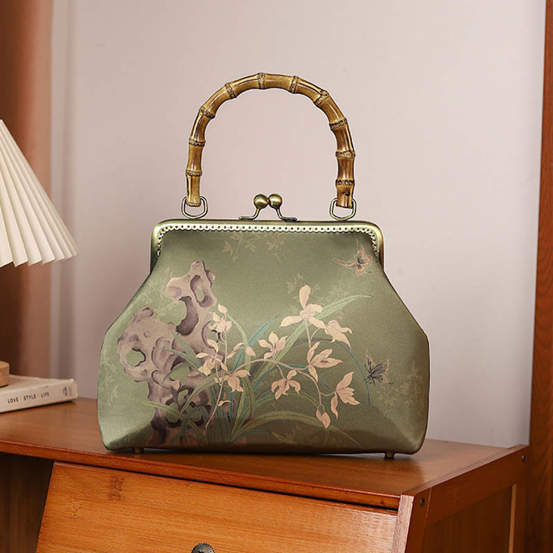 Green Plants Mountains Umhängetasche mit Bambusgriff in Grün