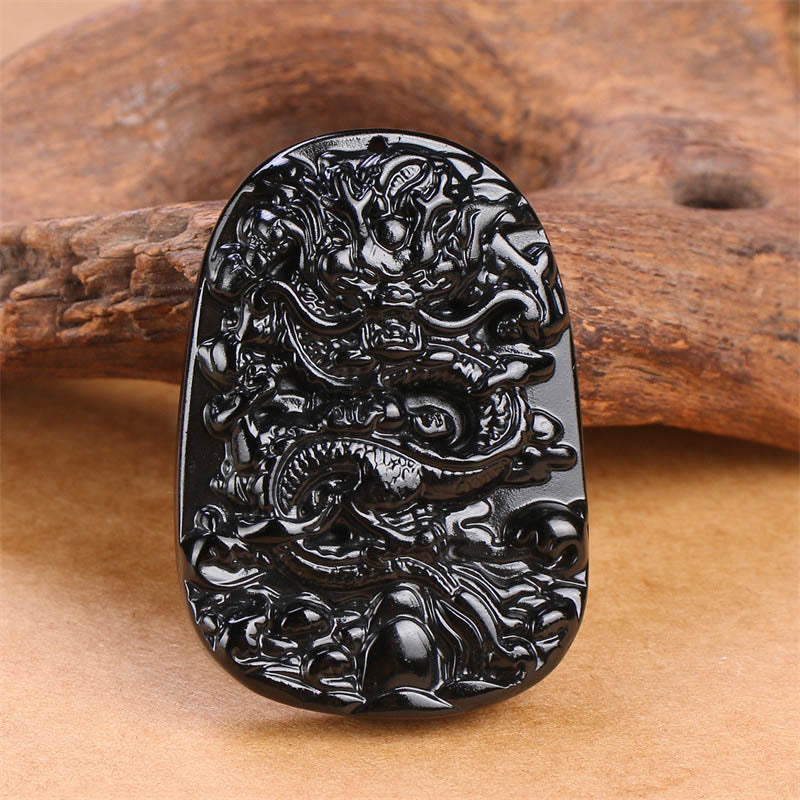 Black Obsidian Dragon Carved Necklace for Luck & Protection