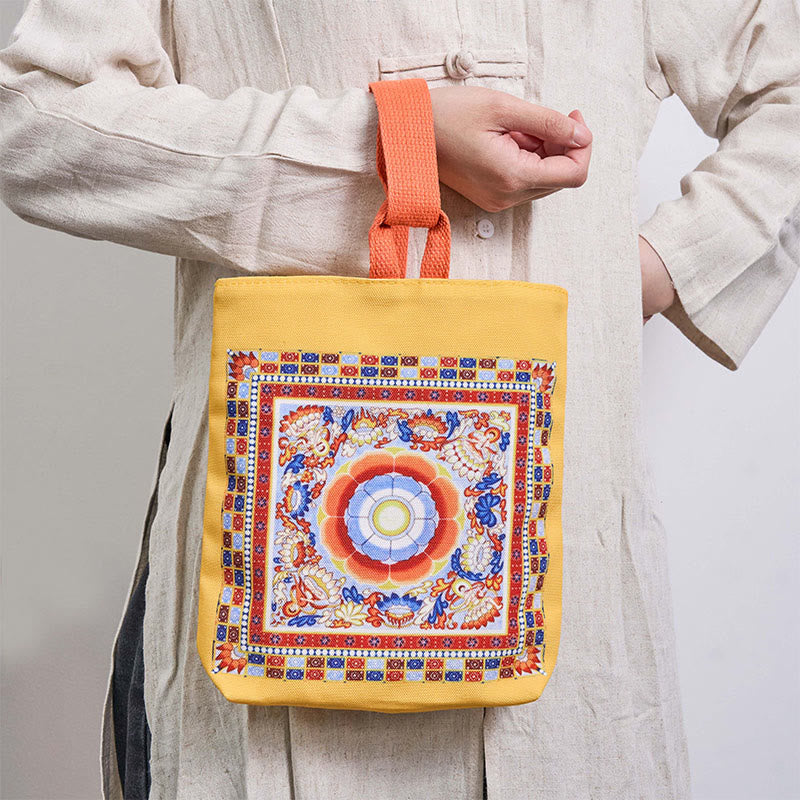 Dunhuang Canvas Handbag with Lotus & Buddha Statues 15cm