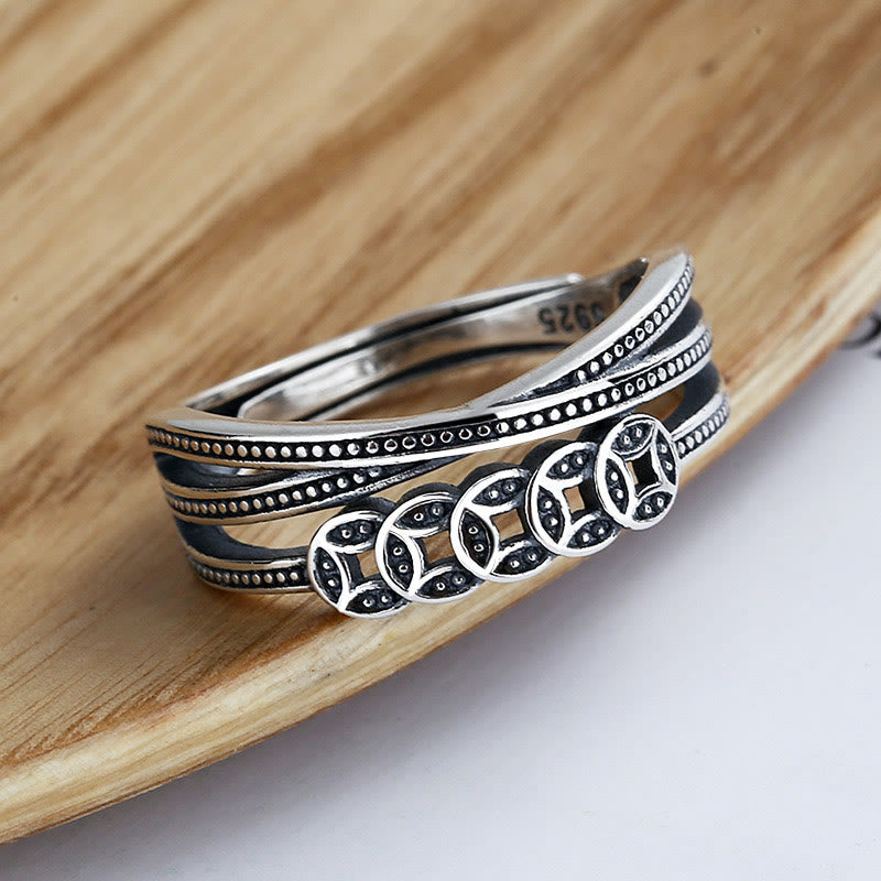 925 Sterling Silber Kupfermünzen Reichtum Segen Verstellbarer spiritueller Ring