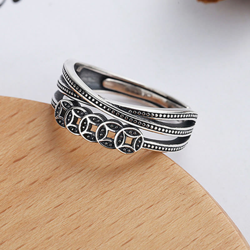 925 Sterling Silber Kupfermünzen Reichtum Segen Verstellbarer spiritueller Ring