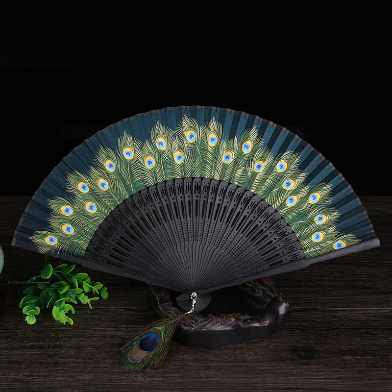 21.5cm Peacock Feather Bamboo Folding Fan for Meditation