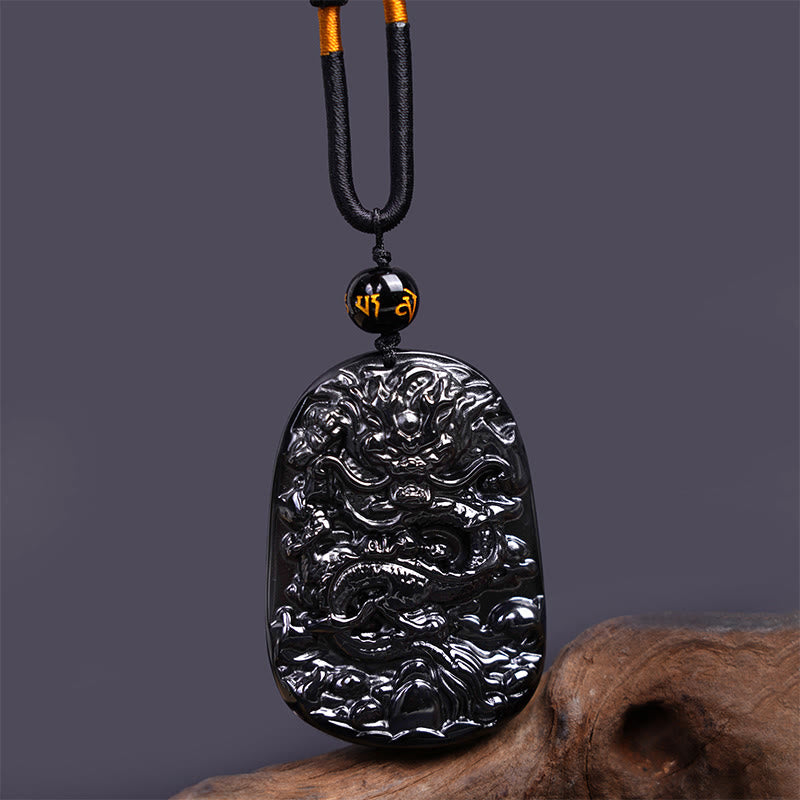 Black Obsidian Dragon Carved Necklace for Luck & Protection